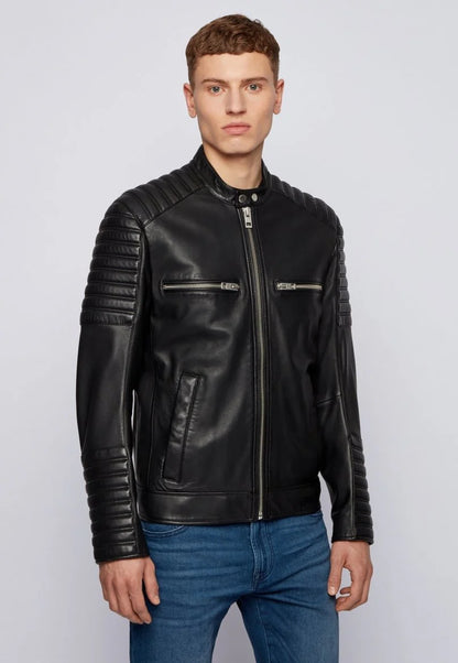 Men’s Black Leather Crew Neck Biker Jacket - Sleek and Stylish Motorcycle Gear