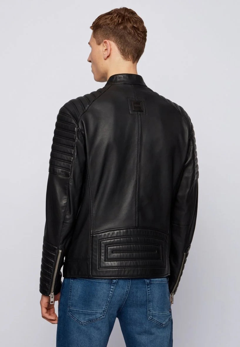 Men’s Black Leather Crew Neck Biker Jacket - Sleek and Stylish Motorcycle Gear