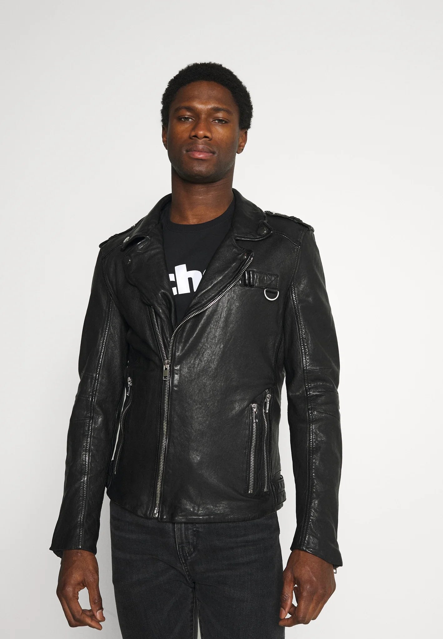 Men’s Black Leather Distressed Biker Jacket - Vintage Style and Durability