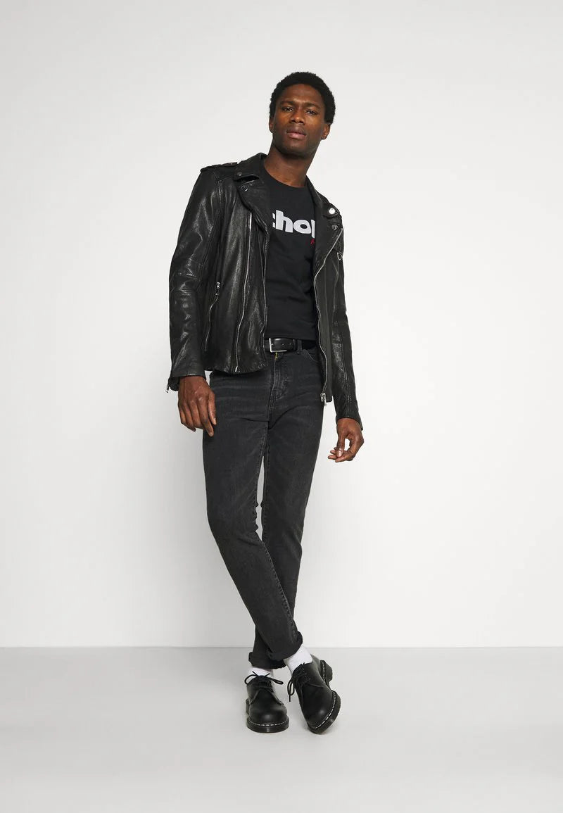 Men’s Black Leather Distressed Biker Jacket - Vintage Style and Durability