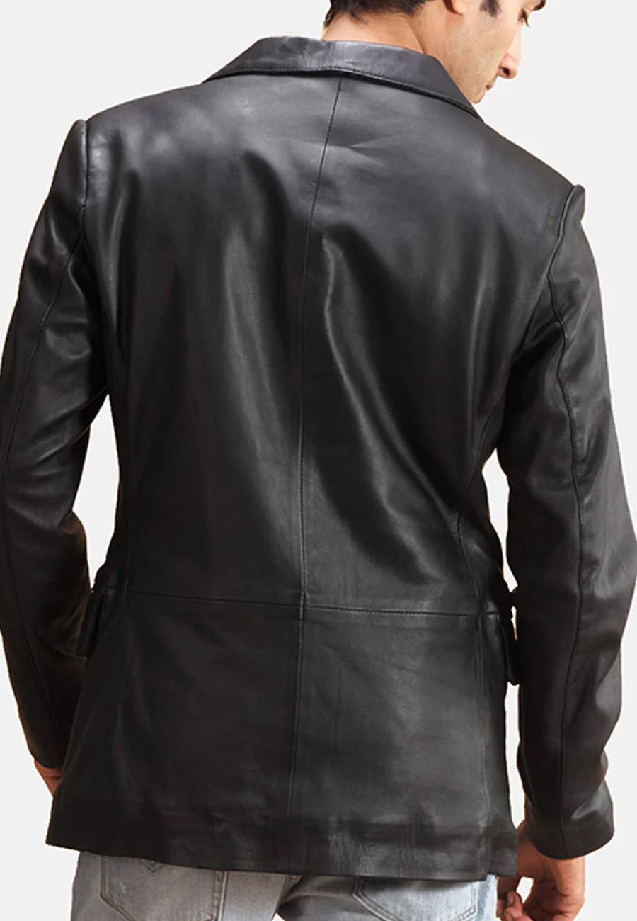 Men's Black Leather Long Coat