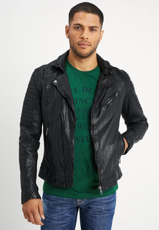 Men's Black Leather Moto Distressed Biker Jacket