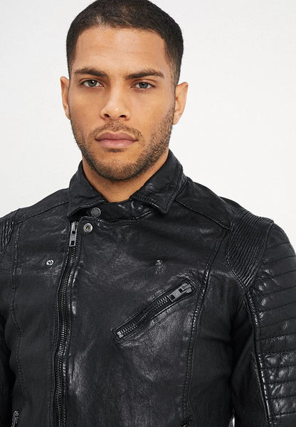 Men's Black Leather Moto Distressed Biker Jacket