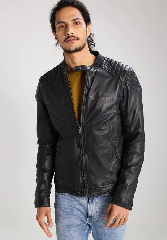 Men's Black Leather Perforated Biker Jacket