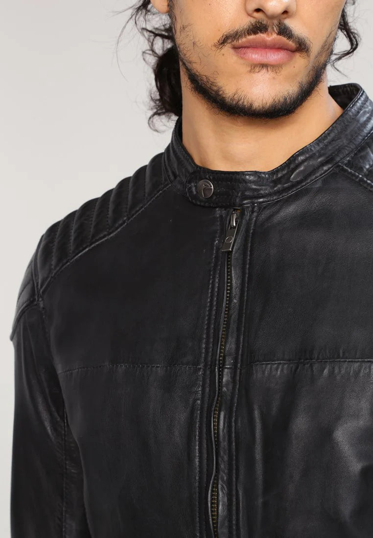 Men's Black Leather Perforated Biker Jacket