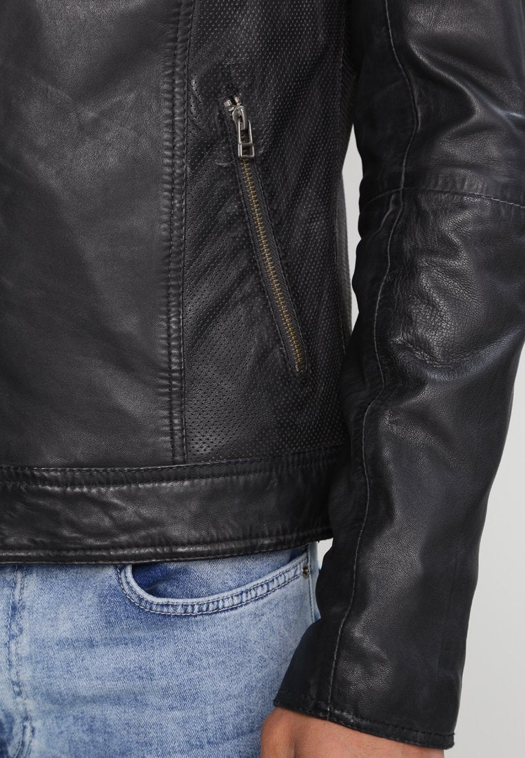 Men's Black Leather Perforated Biker Jacket