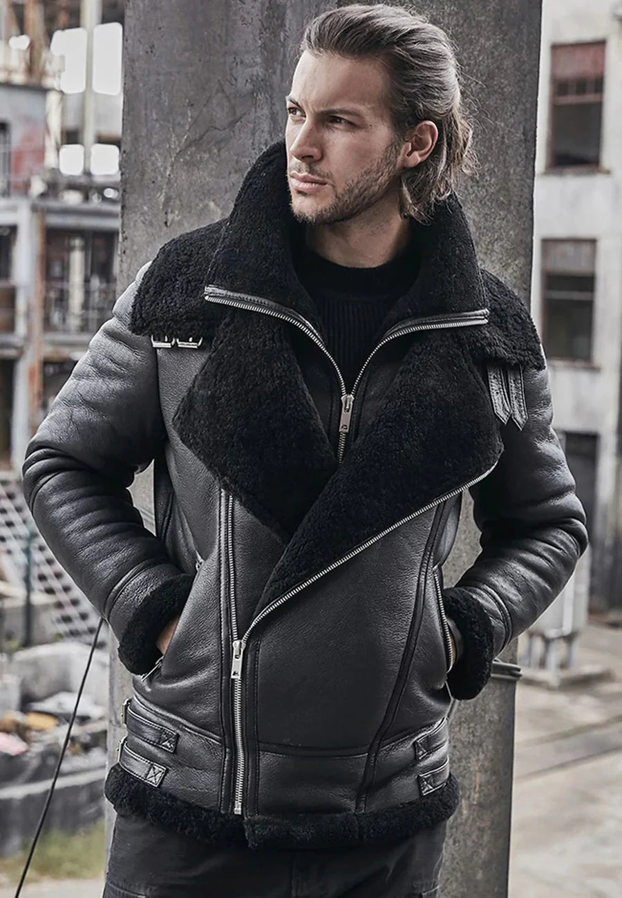 Men’s Black Leather Shearling Double Collar Jacket - Classic Warmth and Style