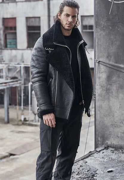 Men’s Black Leather Shearling Double Collar Jacket - Classic Warmth and Style