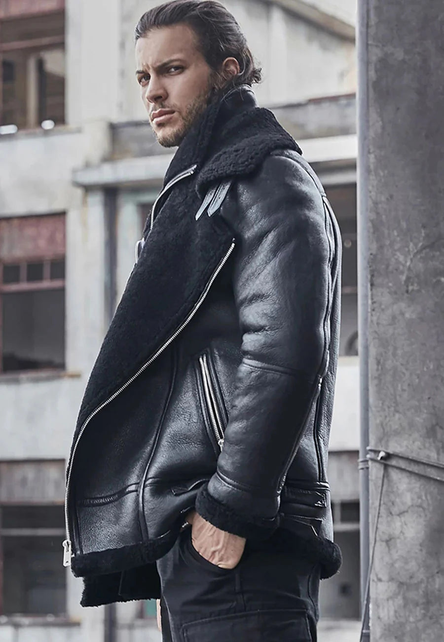 Men’s Black Leather Shearling Double Collar Jacket - Classic Warmth and Style