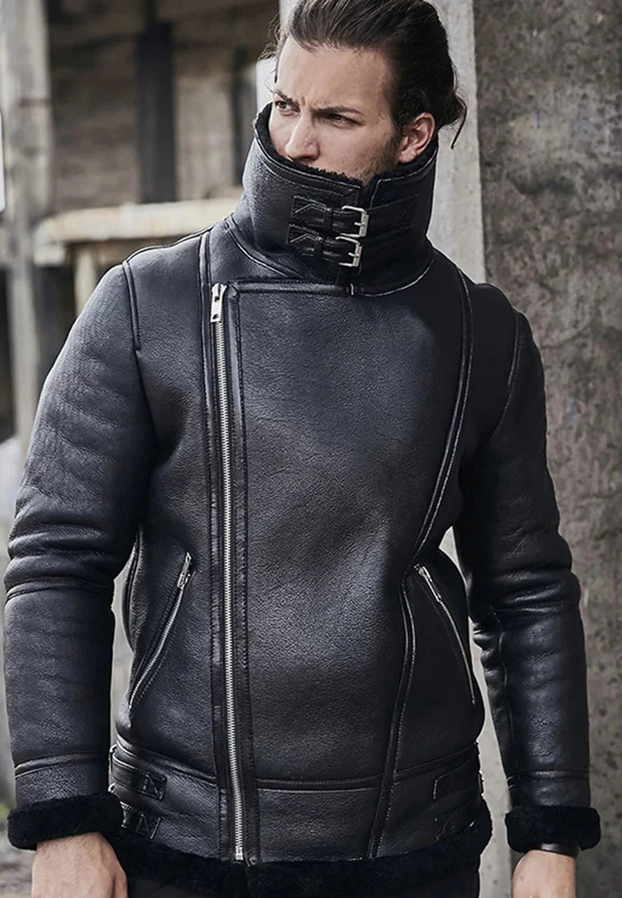 Men’s Black Leather Shearling Double Collar Jacket - Classic Warmth and Style