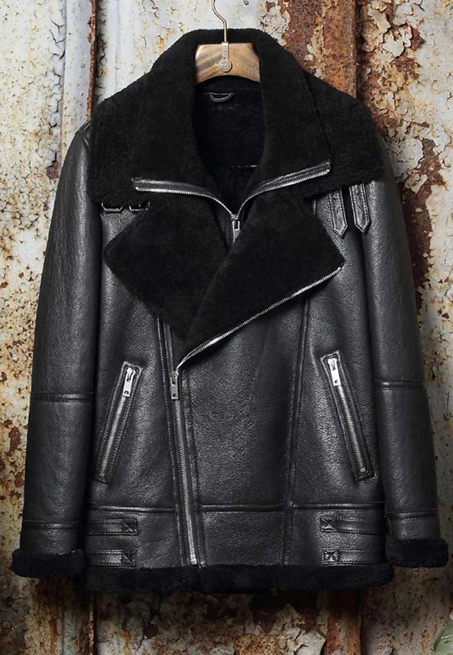 Men’s Black Leather Shearling Double Collar Jacket - Classic Warmth and Style