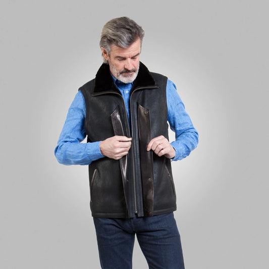 Men’s Black Leather Shearling Vest - Sleek Style and Comfort