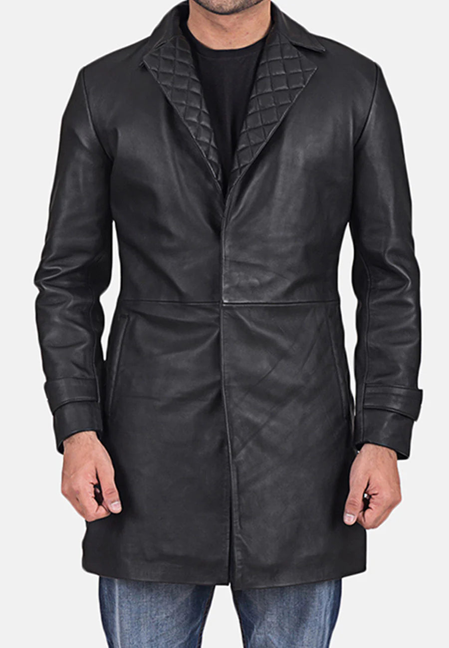 Men’s Black Leather Trench Coat - Timeless Style and Functionality