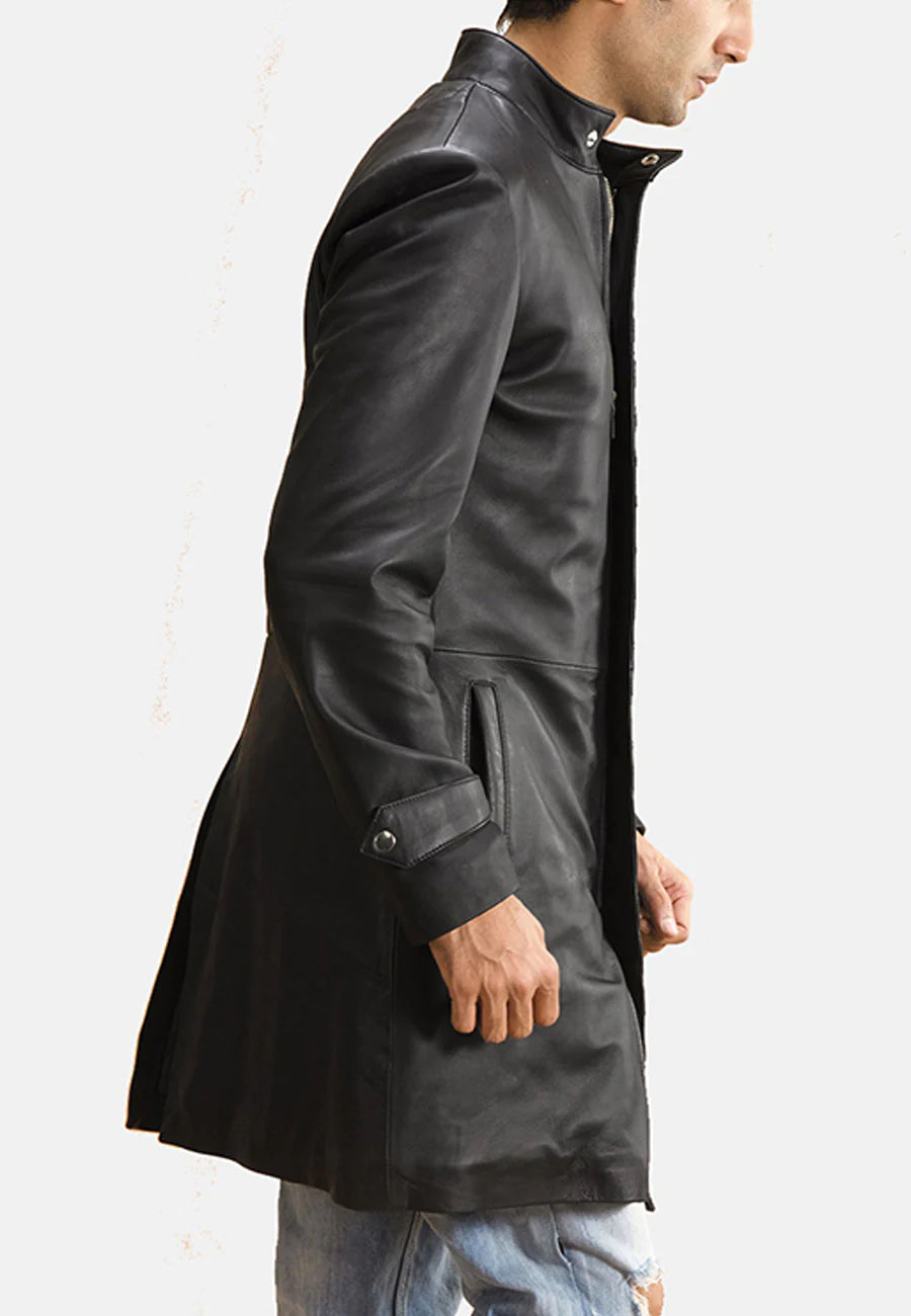 Men's Black Leather Trench Coat