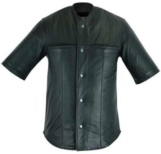 Men’s Black Perforated Sheepskin Leather Shirt - Stylish Comfort and Breathability