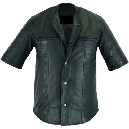 Men’s Black Perforated Sheepskin Leather Shirt - Stylish Comfort and Breathability