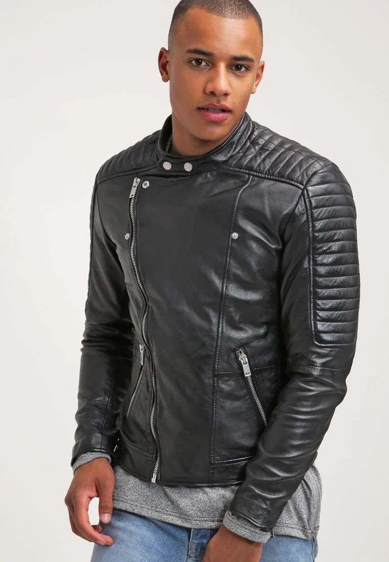 Men’s Black Quilted Leather Biker Jacket - Sleek Style and Warmth