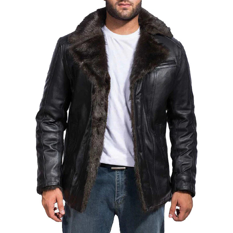 Men's Black Shearling Bomber Sheepskin Leather Jacket