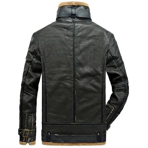 Men's Black Sheepskin Biker Leather Jacket with Shearling Collar