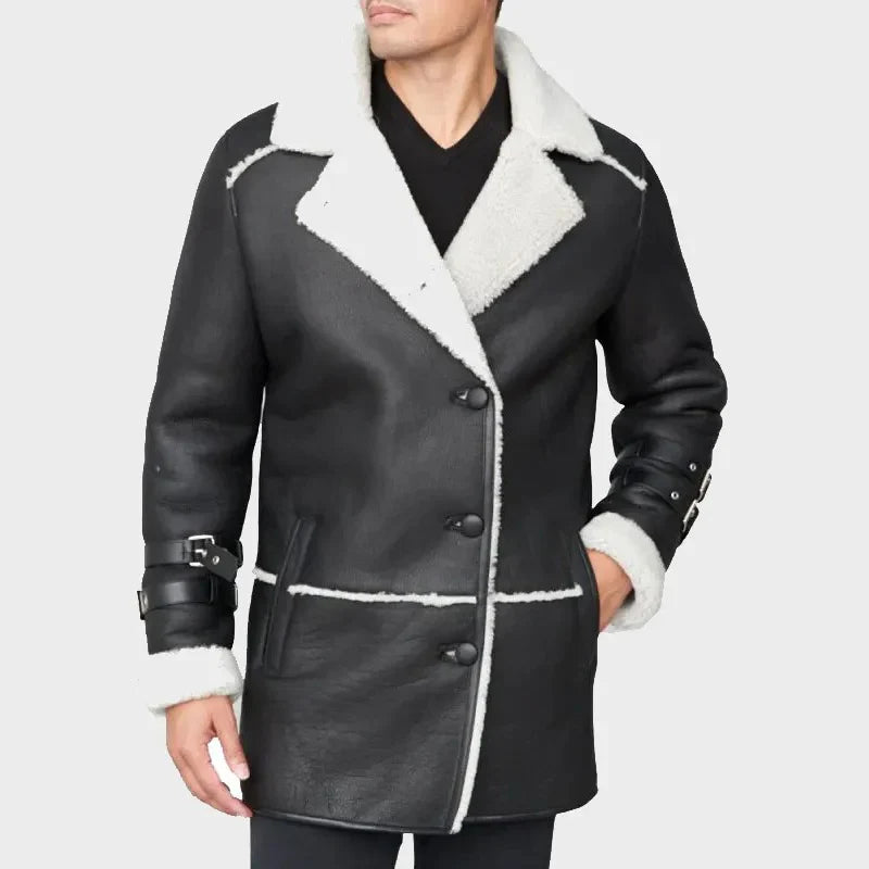 Men's Black Sheepskin Shearling Car Coat