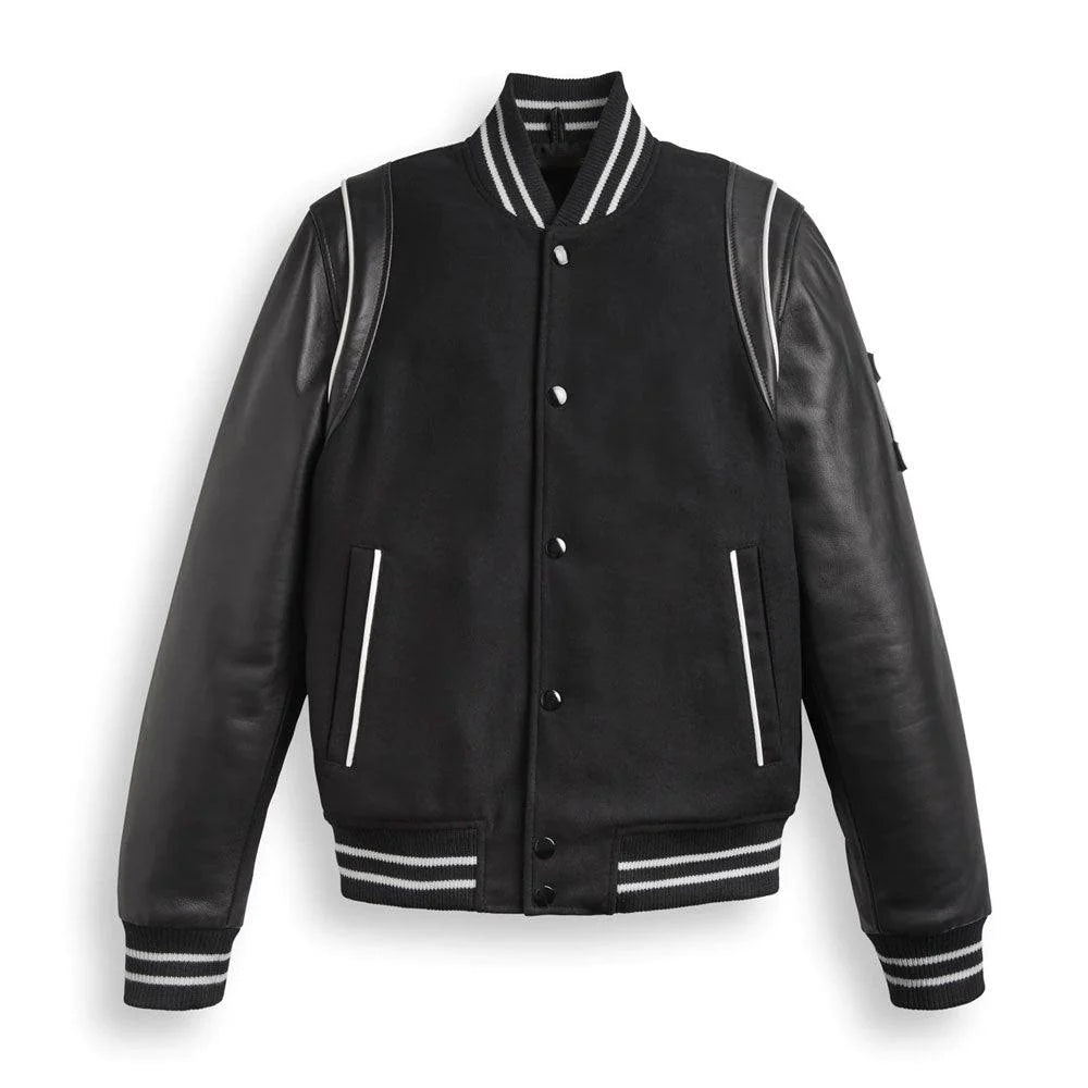 Men's Black Varsity Bomber Leather Jacket with Stripes - Stylish and Modern