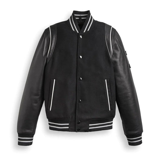 Men's Black Varsity Bomber Leather Jacket with Stripes - Stylish and Modern