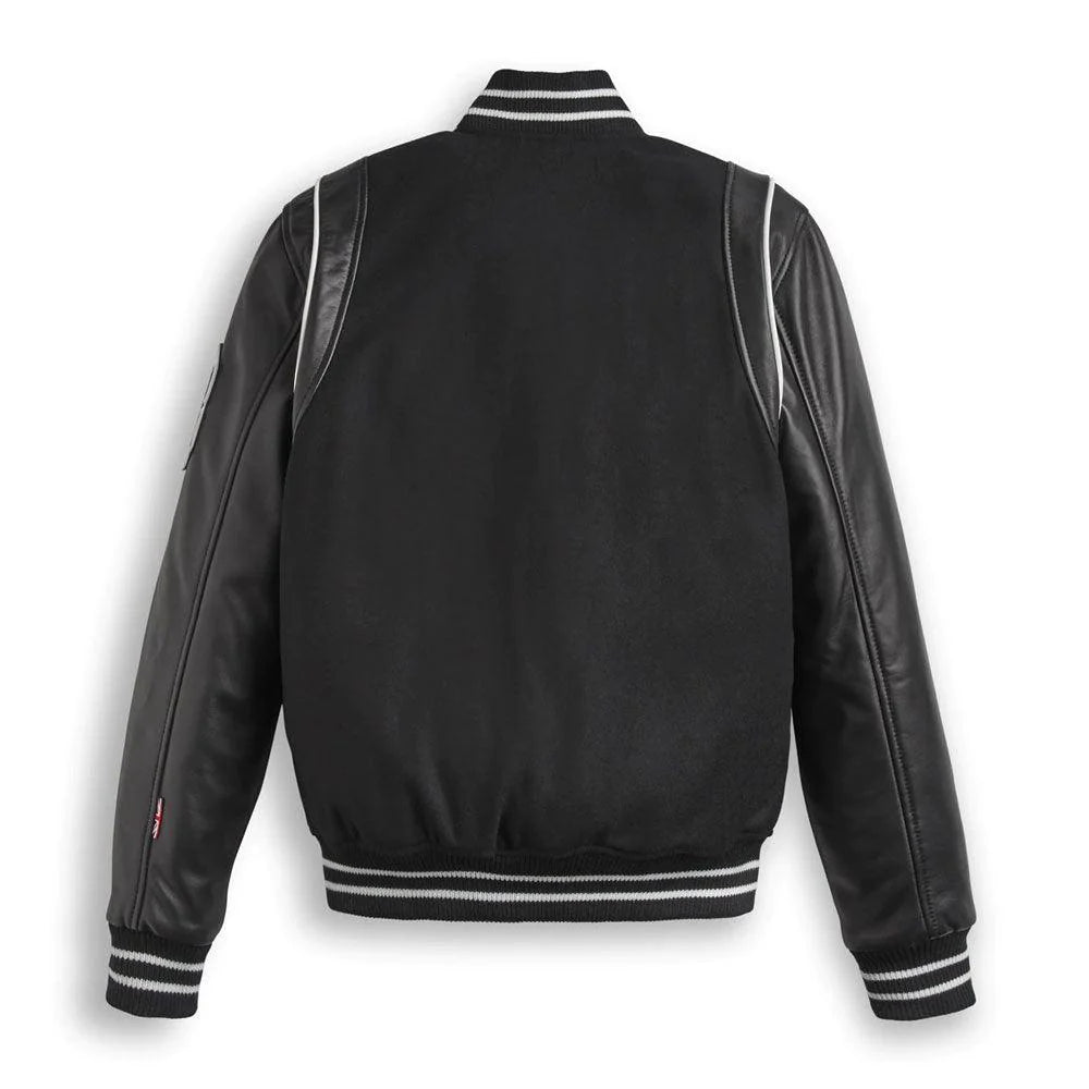 Men's Black Varsity Bomber Leather Jacket with Stripes - Stylish and Modern