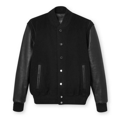 Men's Black Varsity Leather-Wool Bomber Jacket - Classic and Sporty