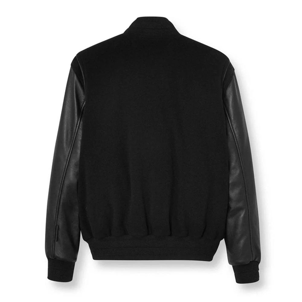 Men's Black Varsity Leather-Wool Bomber Jacket - Classic and Sporty