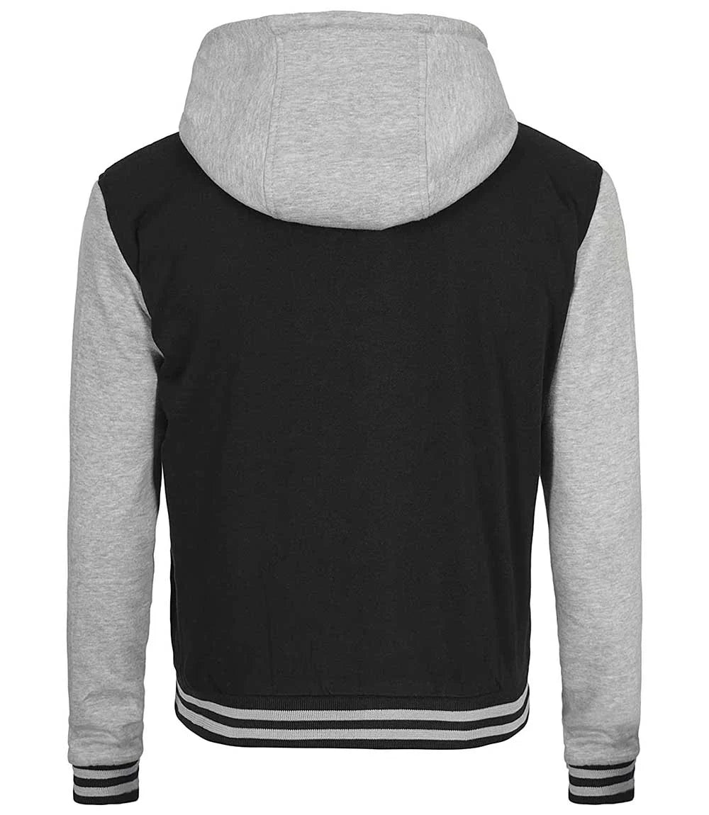 Men's Black and Grey Hooded Baseball Varsity Jacket