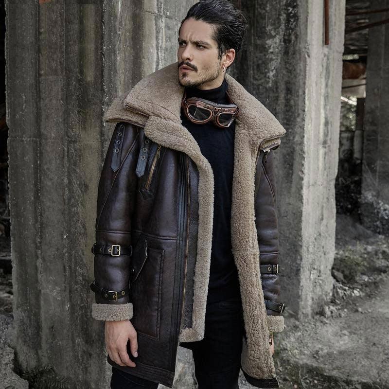 Men's Brown B3 Flight Shearling Aviator Fur Long Coat