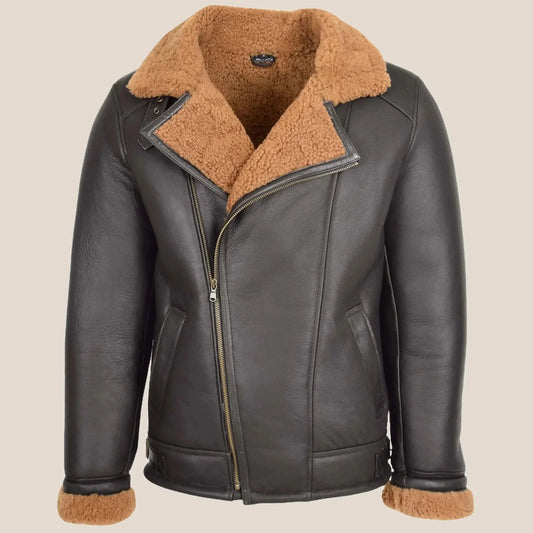 Men's Brown Cross-Zip Sheepskin Aviator Pilot Jacket