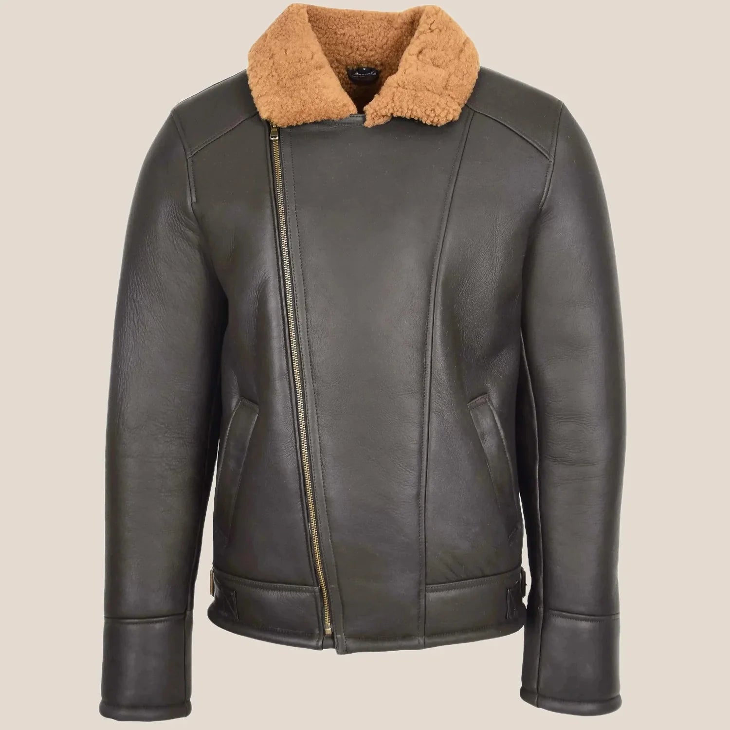 Men's Brown Cross-Zip Sheepskin Aviator Pilot Jacket