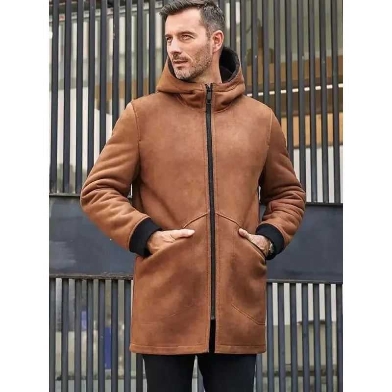 Men's Brown Hooded Sheepskin Shearling Winter Coat