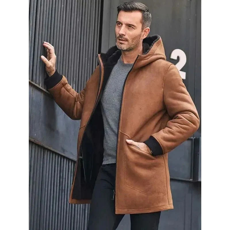 Men's Brown Hooded Sheepskin Shearling Winter Coat