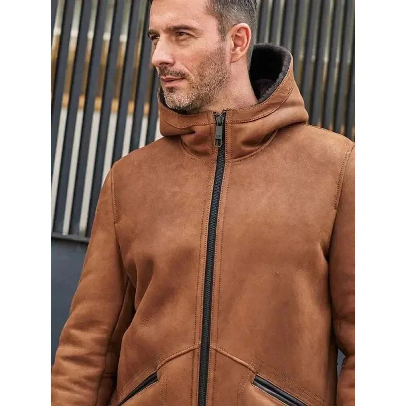 Men's Brown Hooded Sheepskin Shearling Winter Coat