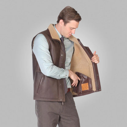 Men’s Brown Leather Shearling Vest - Warmth and Style