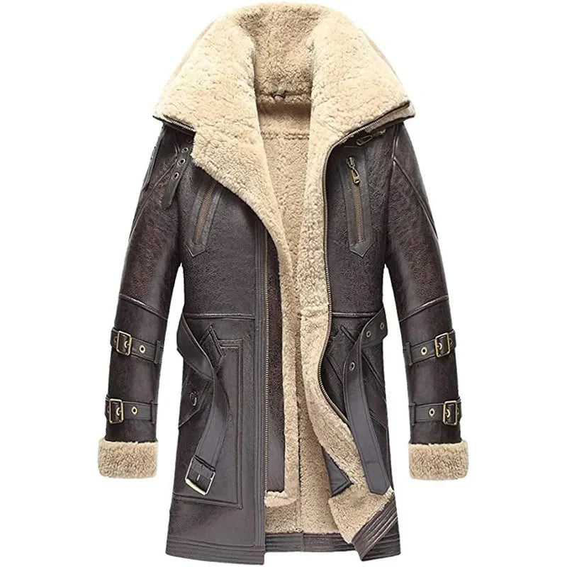 Men's Brown Long Shearling Sheepskin Coat with Fur Collar