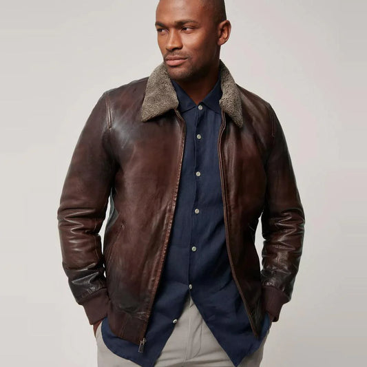 Men's Brown Waxed Sheepskin Aviator Leather Bomber Jacket