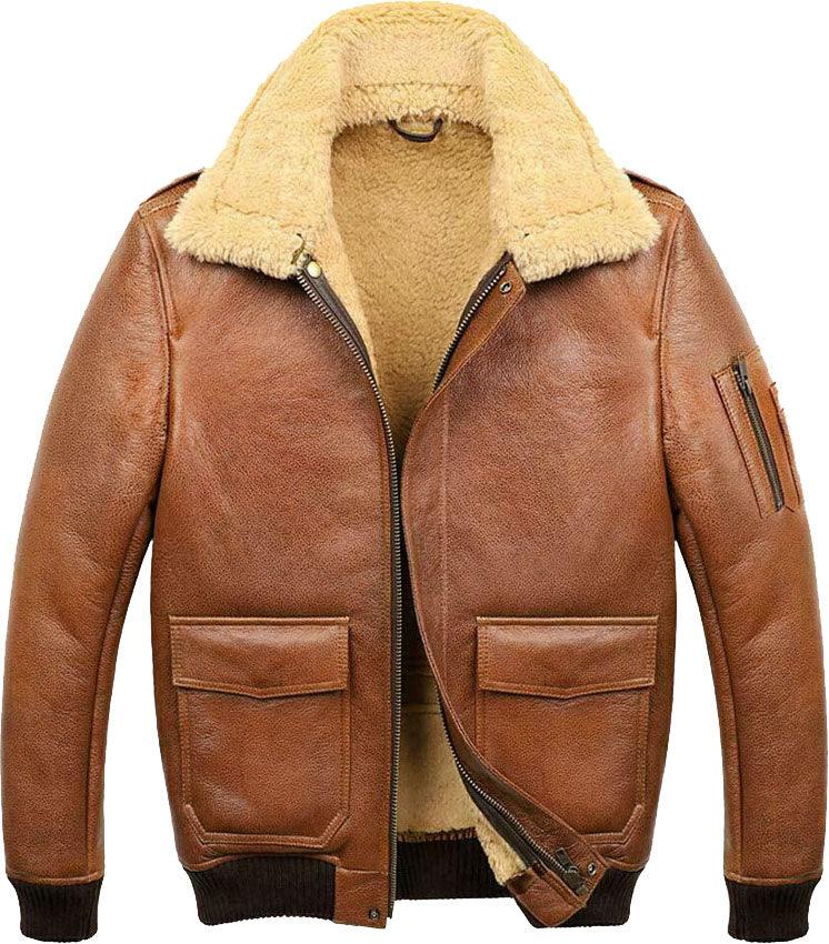 Men's Camel Brown A2 Shearling Aviator Leather Bomber Jacket