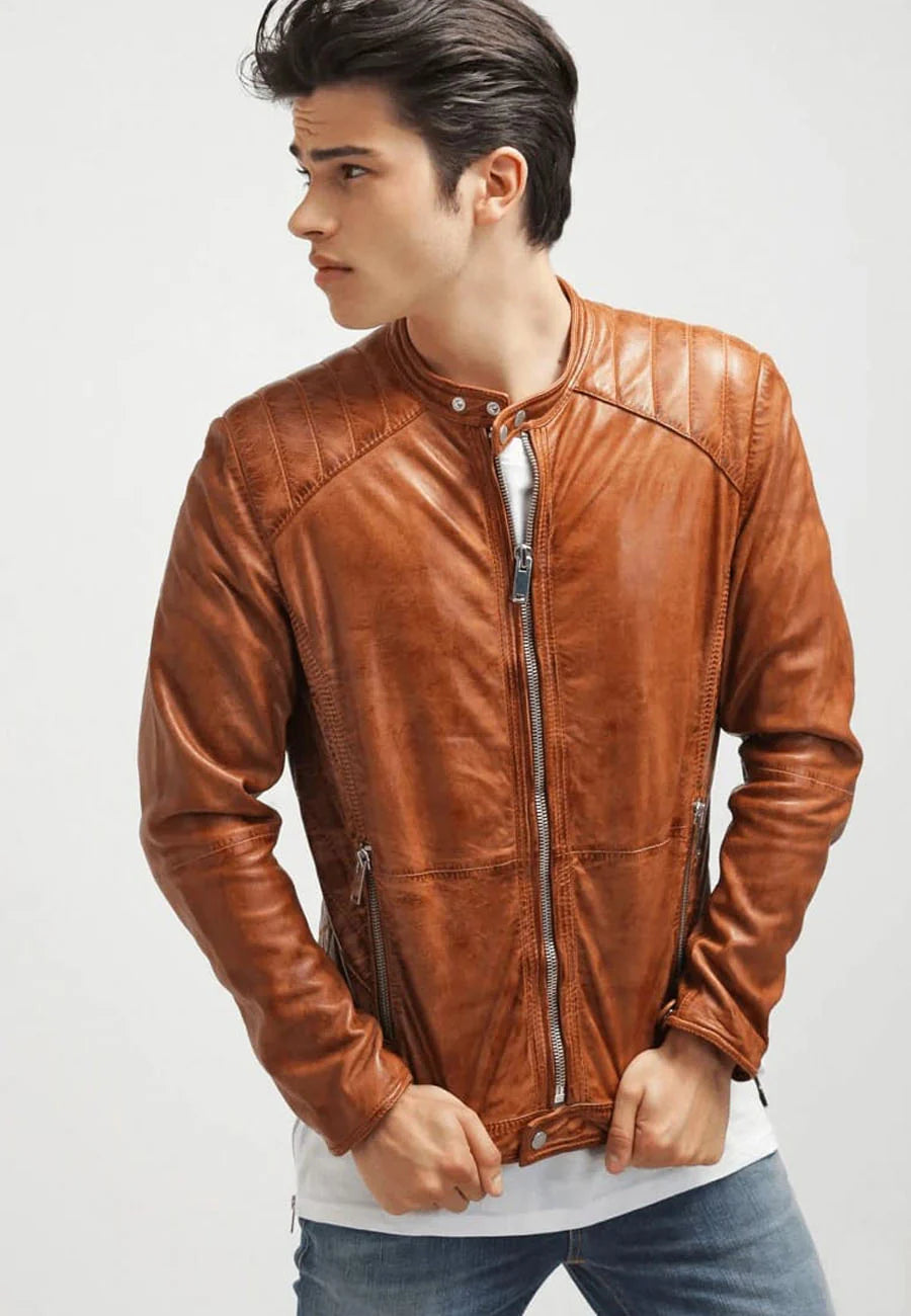 Men’s Camel Brown Leather Biker Jacket - Stylish and Timeless