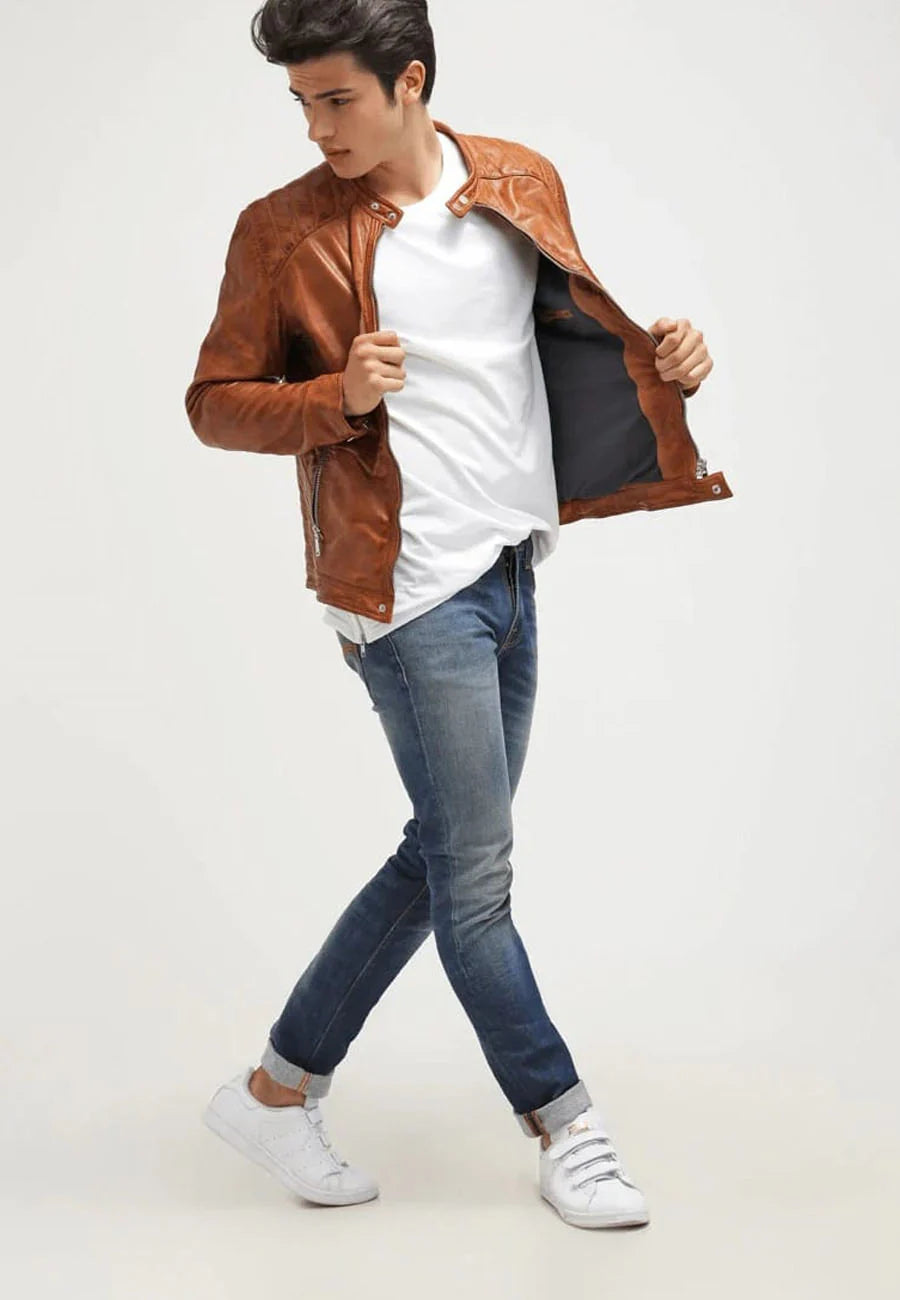 Men’s Camel Brown Leather Biker Jacket - Stylish and Timeless