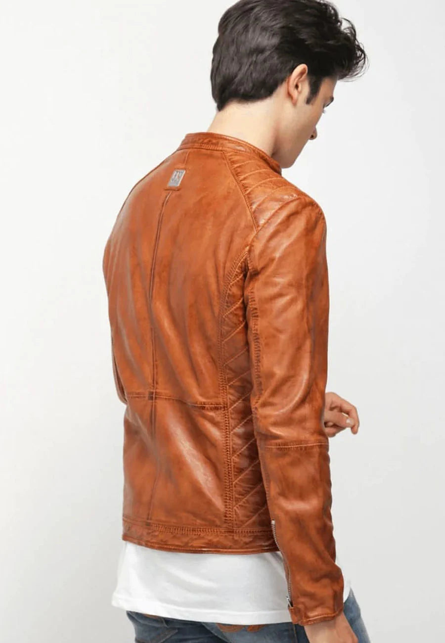 Men’s Camel Brown Leather Biker Jacket - Stylish and Timeless