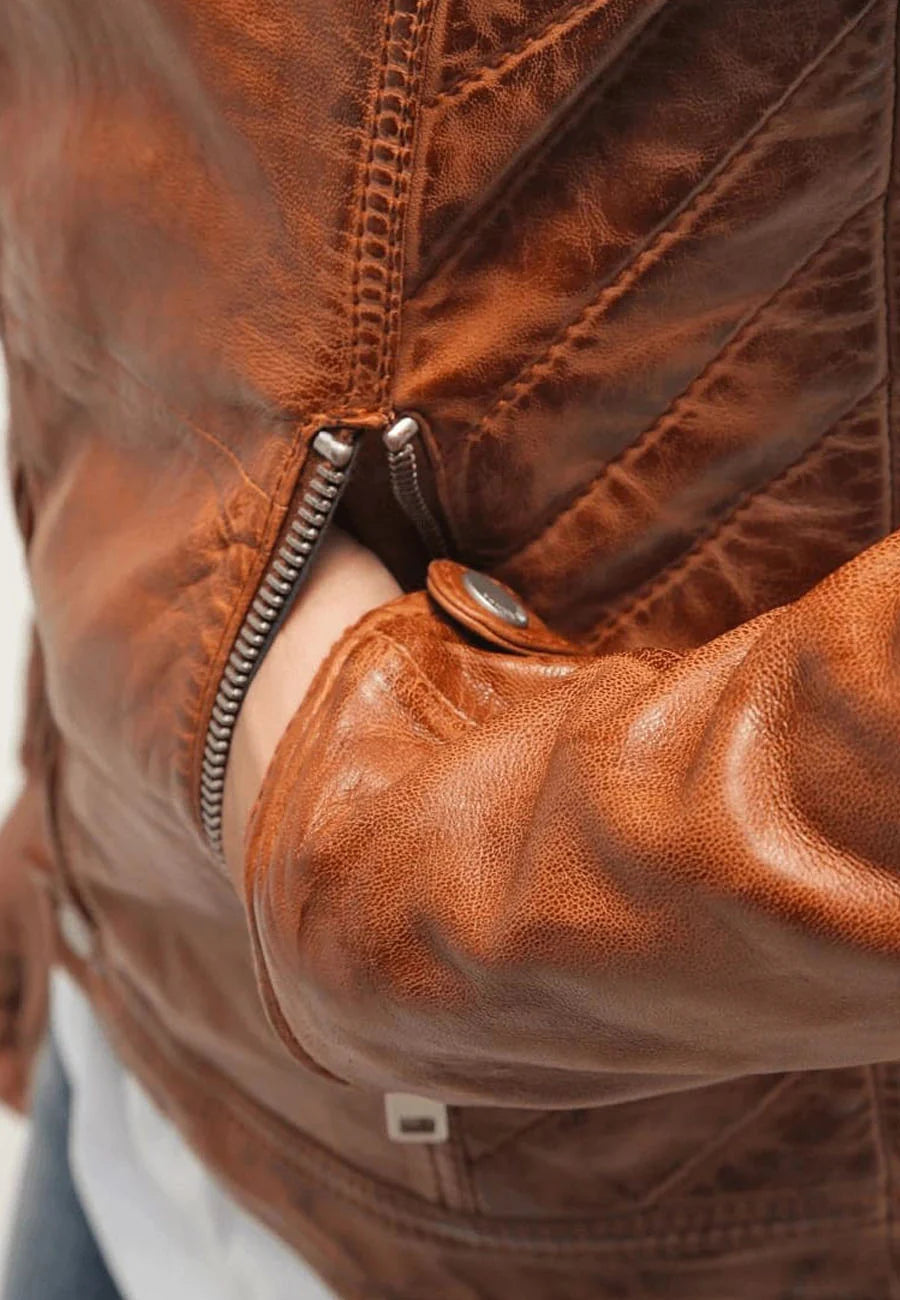 Men’s Camel Brown Leather Biker Jacket - Stylish and Timeless