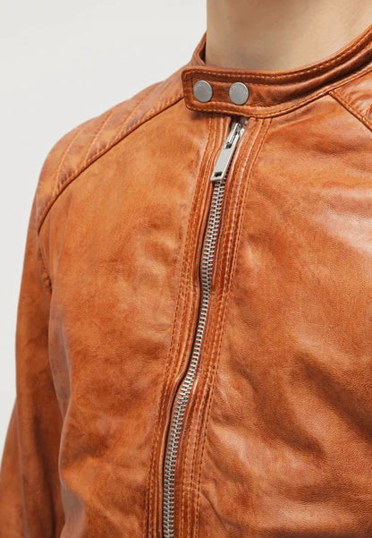 Men’s Camel Brown Leather Biker Jacket - Stylish and Timeless