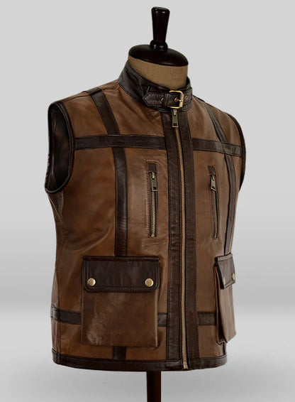 Men’s Camel Brown Leather Biker Vest - Rugged Elegance and Versatility