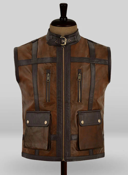 Men’s Camel Brown Leather Biker Vest - Rugged Elegance and Versatility