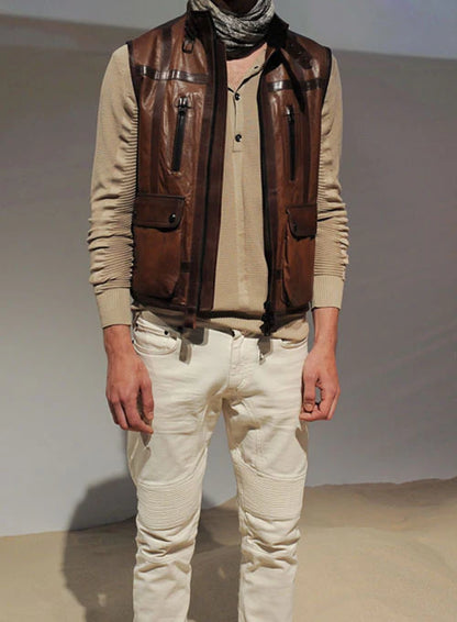 Men’s Camel Brown Leather Biker Vest - Rugged Elegance and Versatility