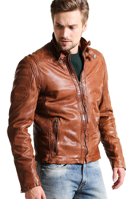 Men's Camel Brown Leather Biker Jacket - Classic and Stylish