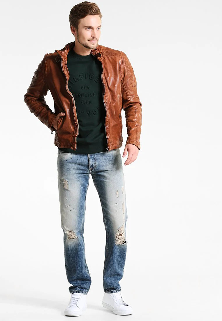 Men's Camel Brown Leather Biker Jacket - Classic and Stylish